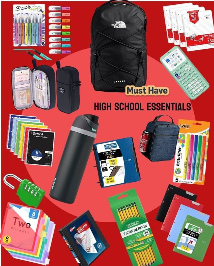 A collection of high school essential school supplies on a red background