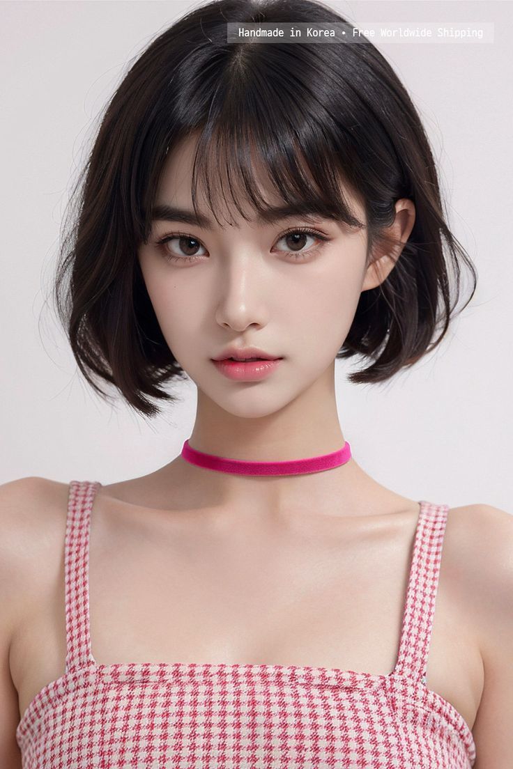 Woman with short dark hair and a pink choker against a light background
