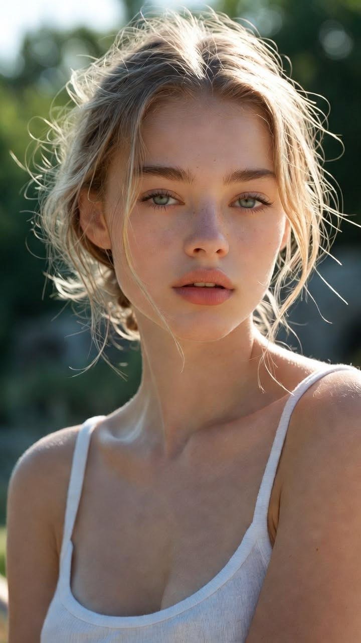 Woman with blonde messy hair and blue eyes in a white tank top outdoors