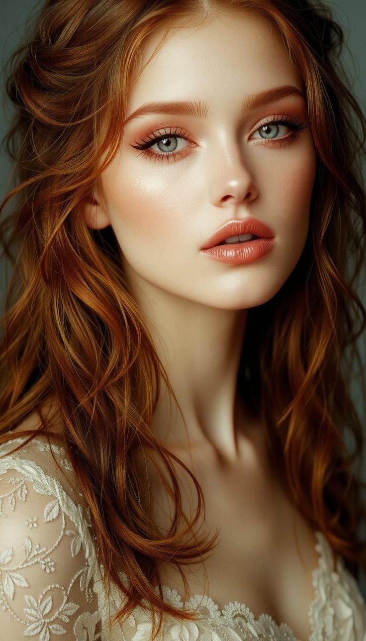 Woman with long red hair wearing a lace dress, soft lighting