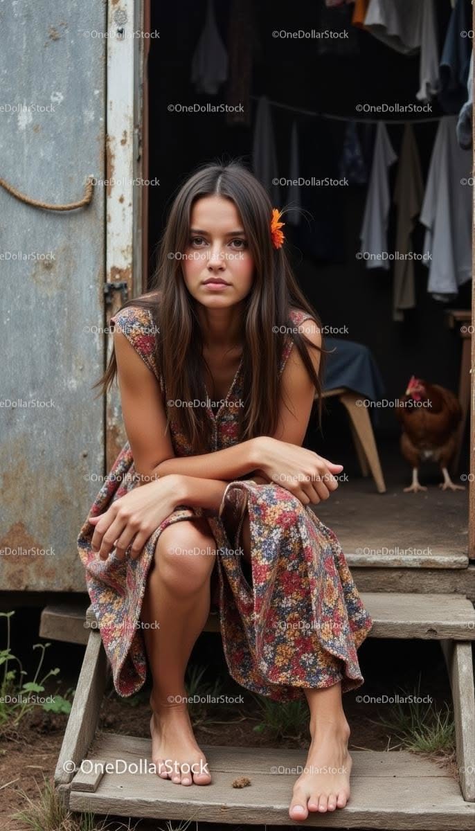 Woman in a floral dress sitting barefoot on wooden steps with a chicken in the background