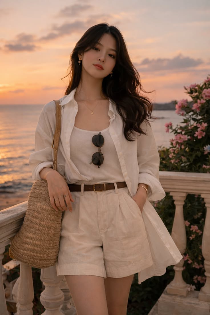 Woman in a white shirt and shorts on a balcony at sunset overlooking the ocean