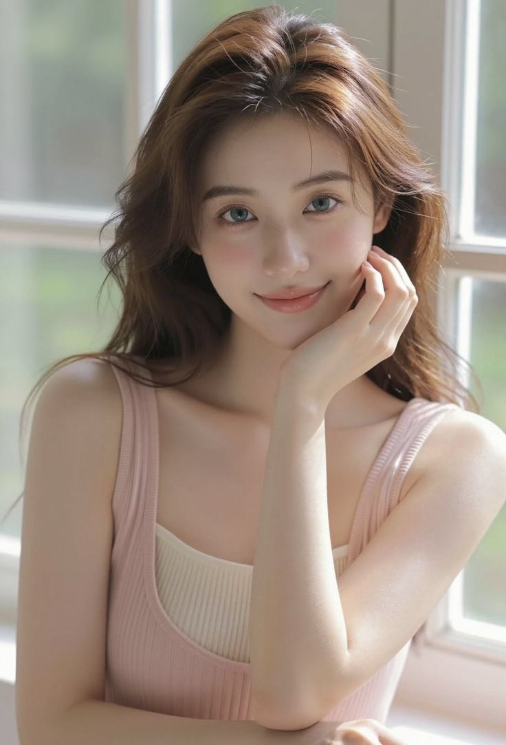 Woman with long brown hair wearing a pink top, smiling indoors by a window