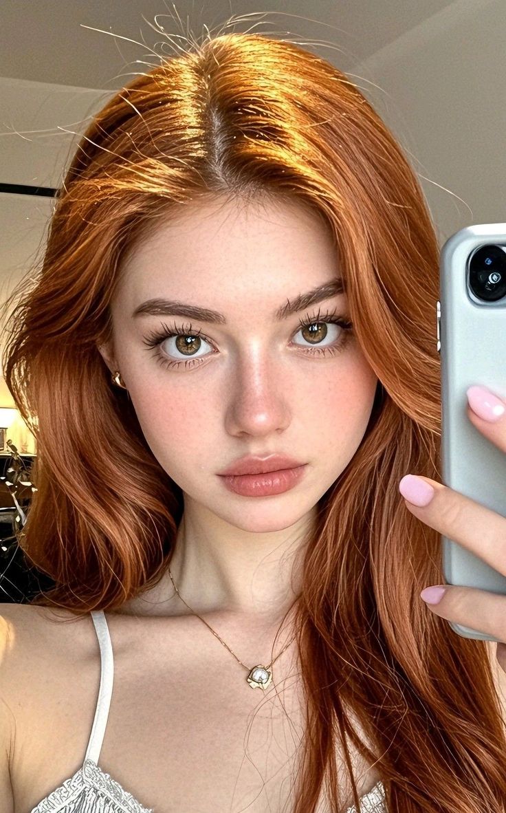 Woman with red hair taking a selfie, wearing a white top and gold necklace