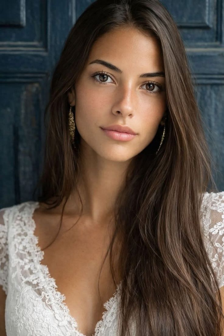 Woman with long brown hair wearing a white lace dress and earrings
