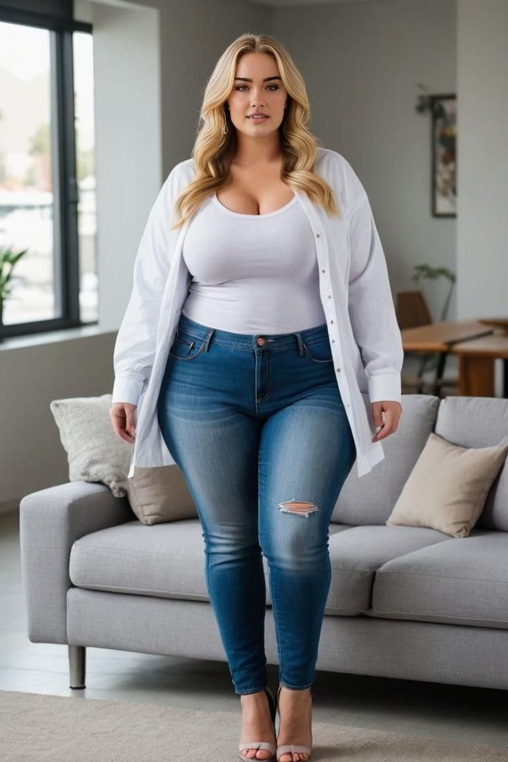 Blonde woman in ripped jeans and a white shirt standing indoors