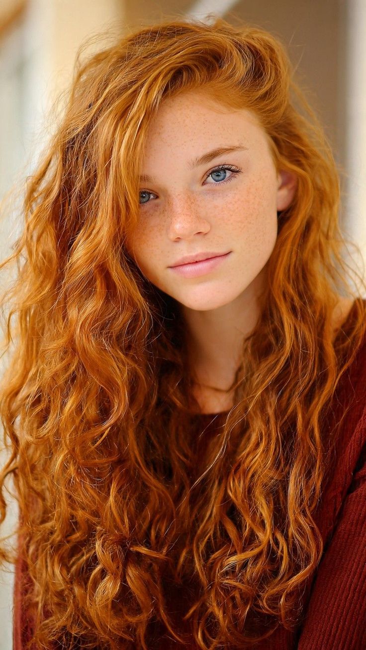 Close-up portrait of a young woman with long curly red hair and freckles