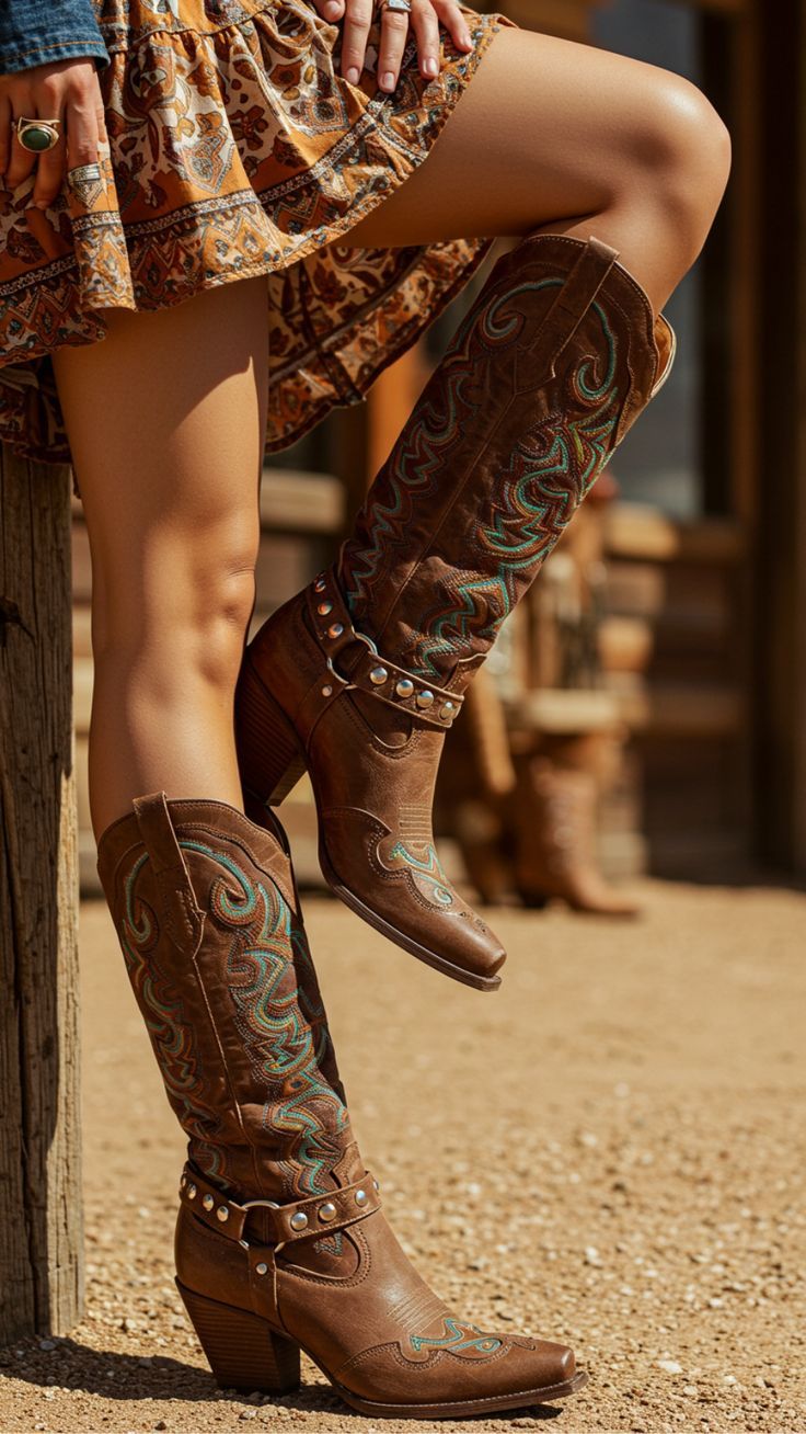 Woman wearing cowboy boots and a short dress, leaning on a wooden post