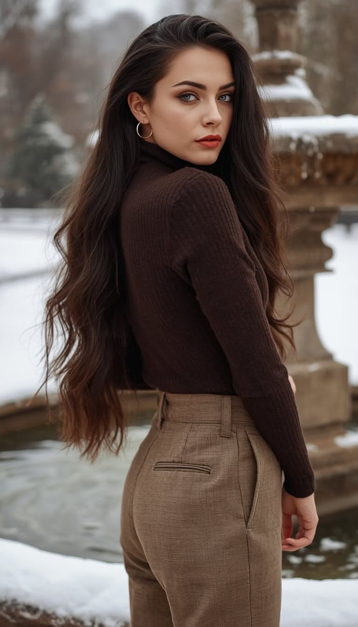 Woman with long brown hair in a turtleneck and pants outdoors in winter