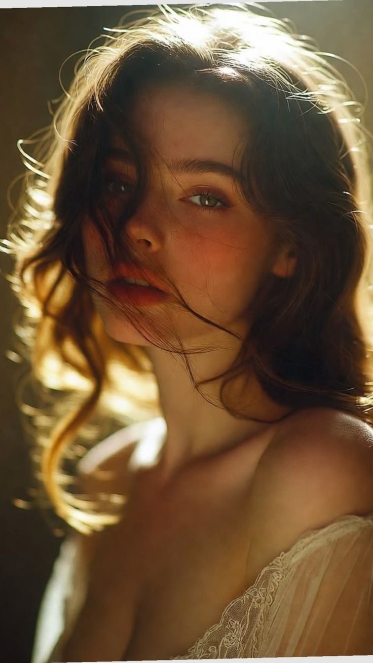 Woman with long hair and exposed shoulders, backlit by warm light