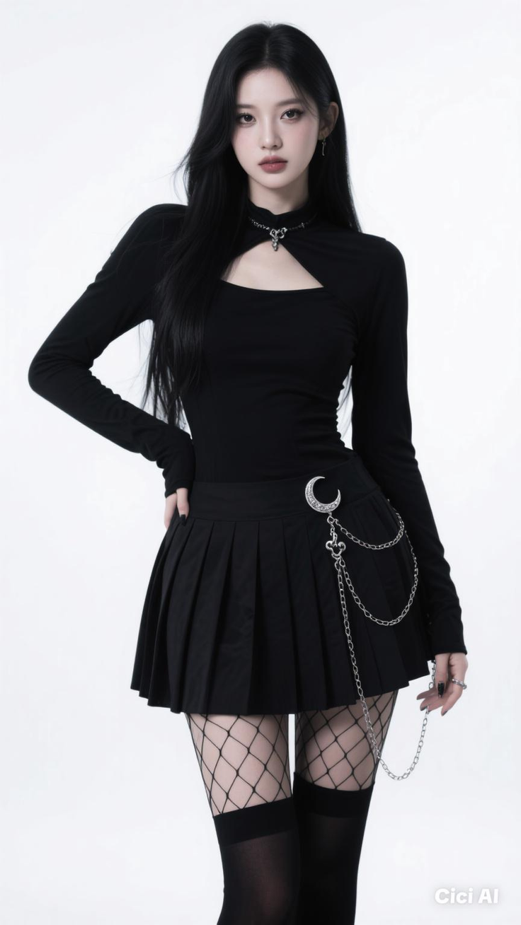 Woman with long black hair in a gothic-style outfit with a pleated skirt and fishnet stockings