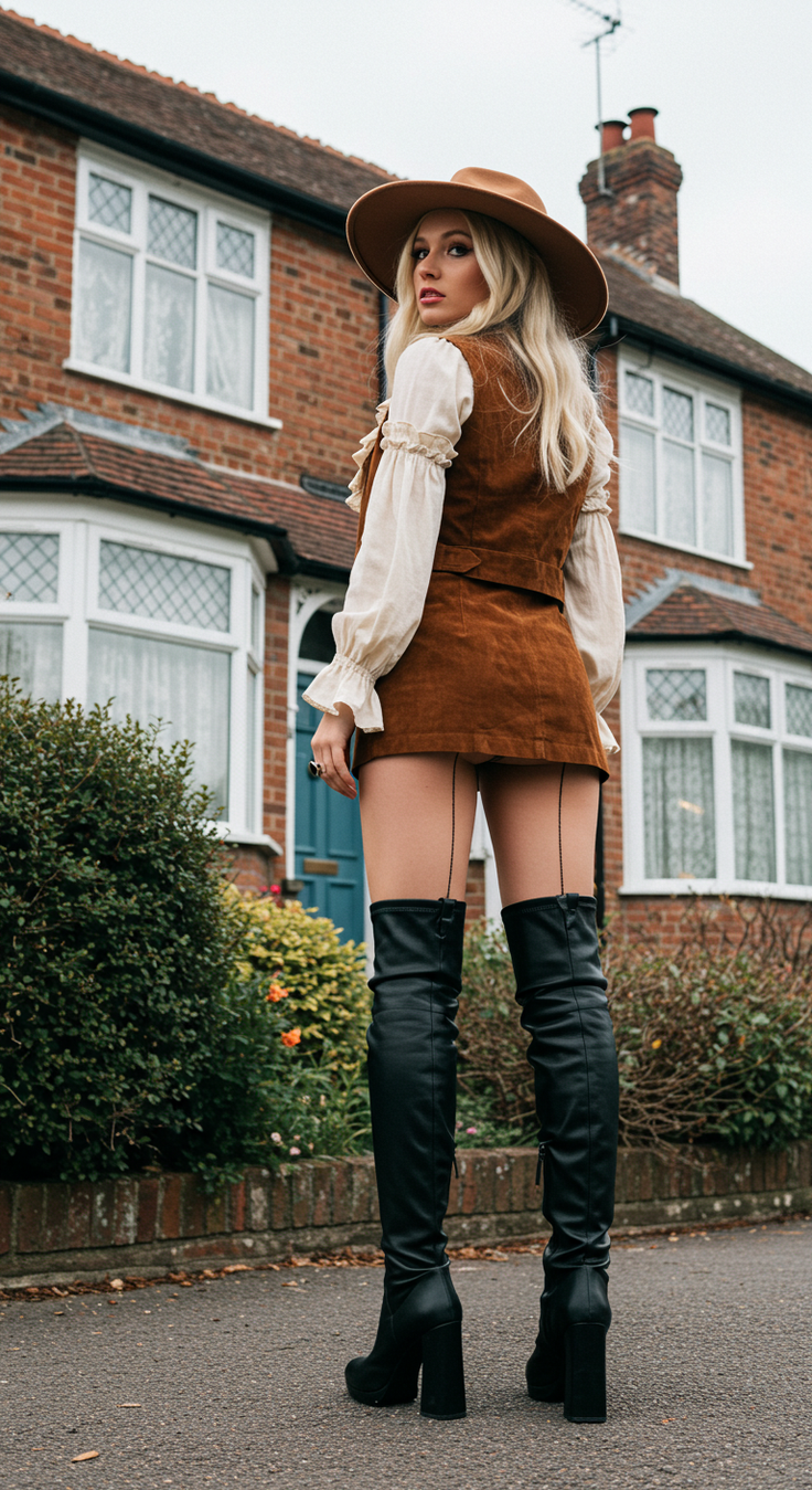 Woman in a mini skirt and thigh-high boots posing outdoors