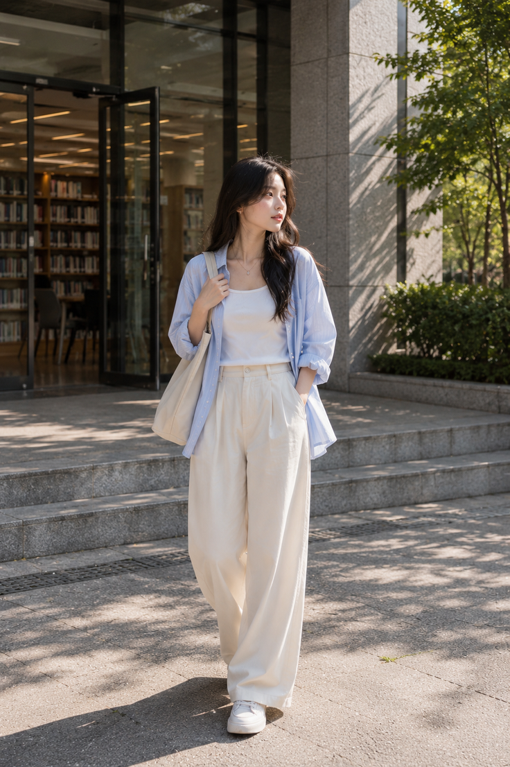 Woman with long hair wearing a loose shirt and wide leg pants outdoors