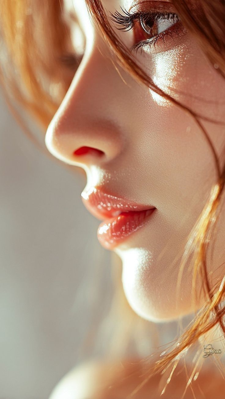 Close up profile of a woman with red hair and glossy lips, illuminated by soft lighting
