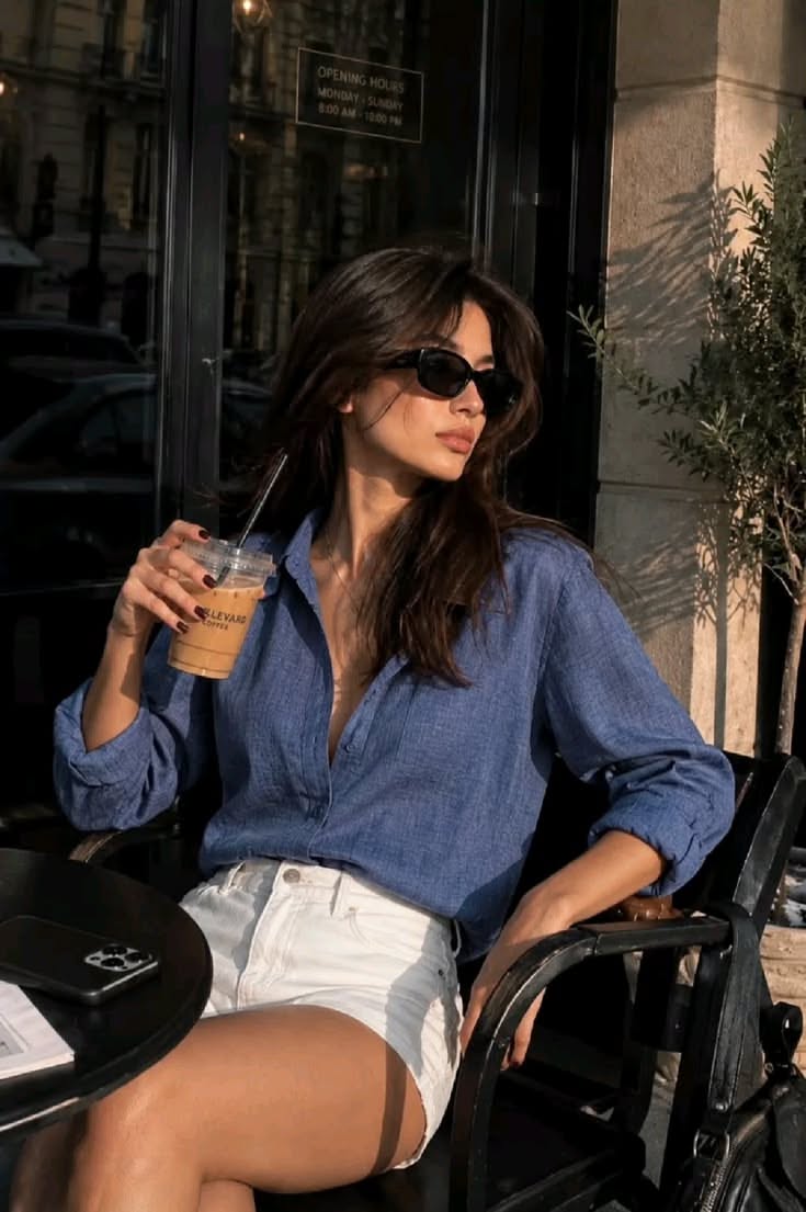 Woman in sunglasses and a blue shirt drinking iced coffee at an outdoor cafe