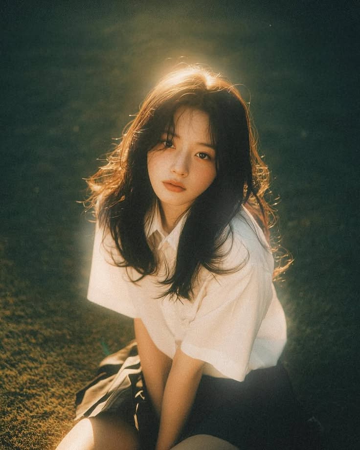 Young woman with long hair in a white shirt and dark skirt, backlit by golden hour sun