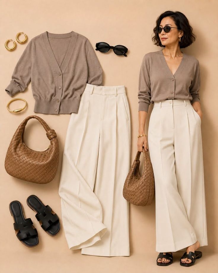 Woman in a brown cardigan and cream wide-leg pants with matching accessories