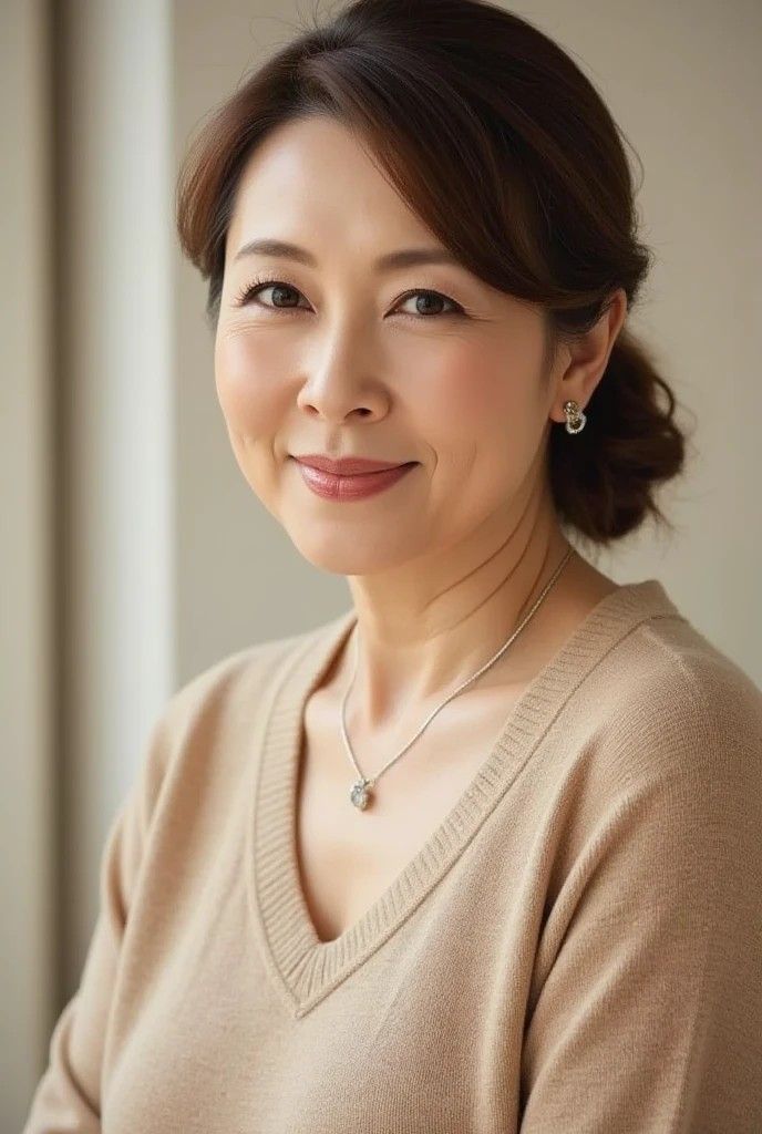 Woman with brown hair wearing a v-neck sweater and jewelry, smiling indoors
