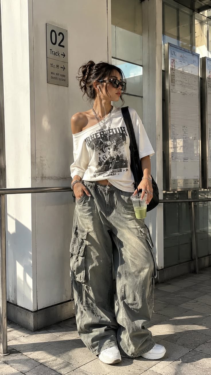 Woman in cargo pants and an off-shoulder top standing outdoors