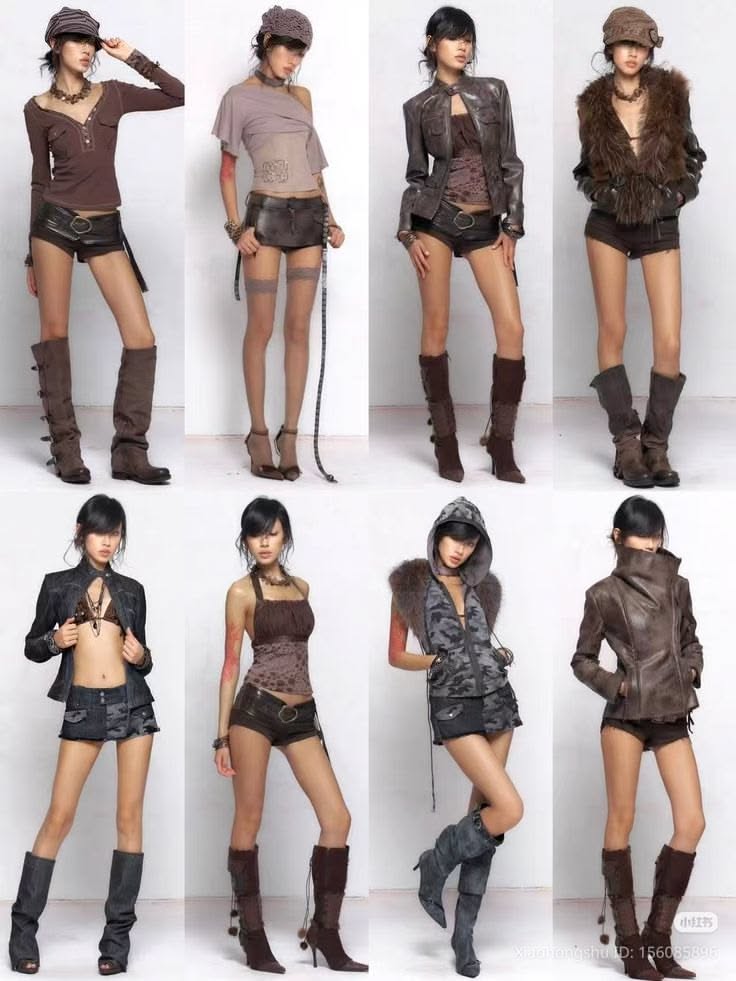 Multiple women in various dark-toned, revealing outfits and boots