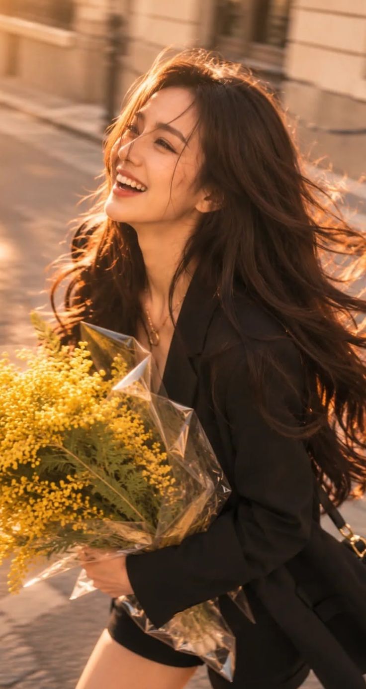 Woman with long hair holding yellow flowers, smiling outdoors at golden hour