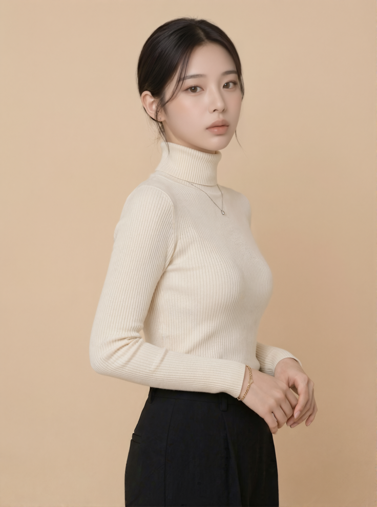 Woman in a cream turtleneck sweater and black pants in a studio