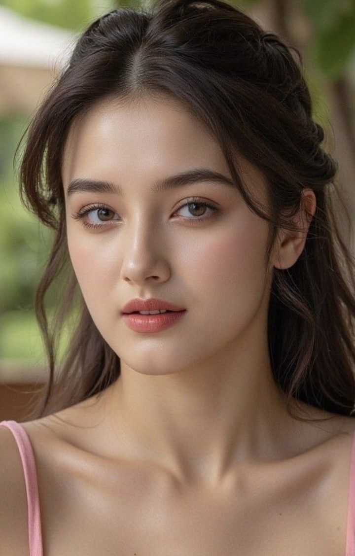 Woman with long dark hair wearing a pink top, captured in a soft-lit portrait