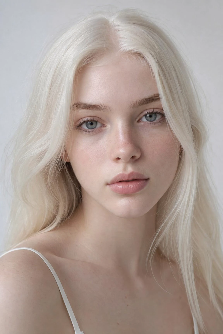 Young woman with long blonde hair and blue eyes in a white top