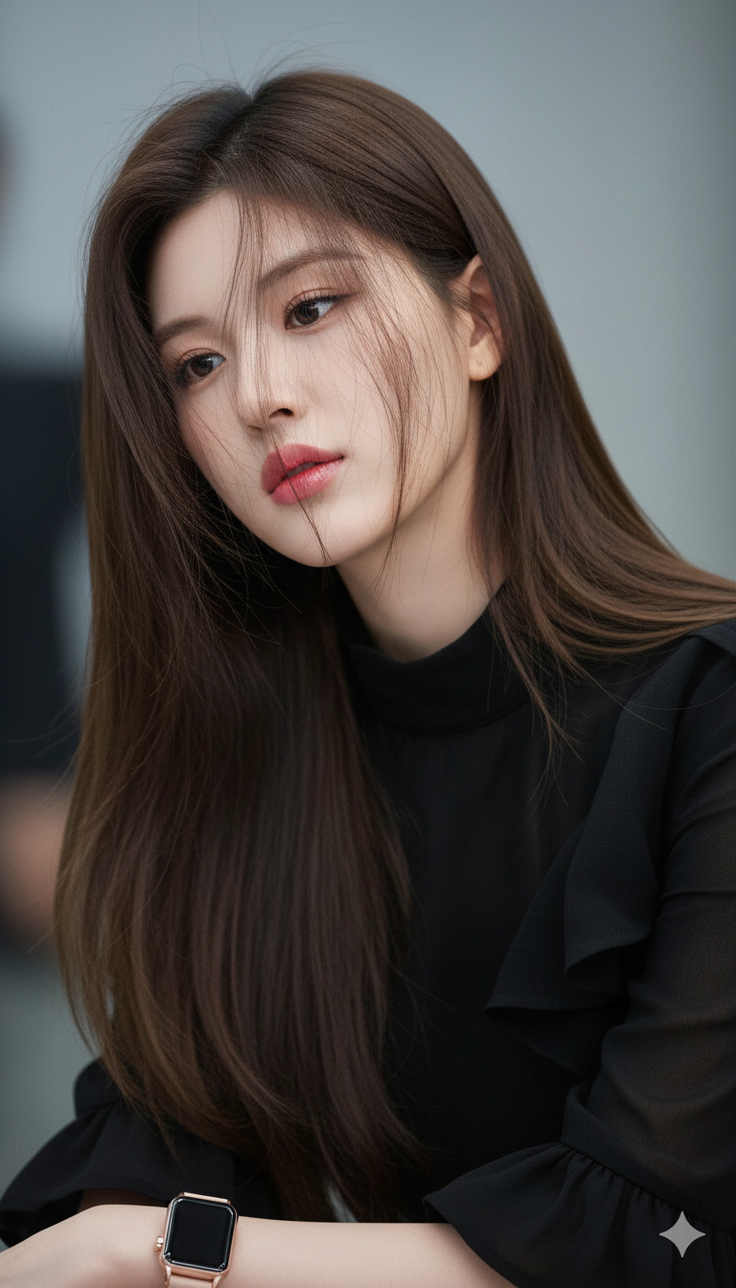 Woman with long brown hair wearing a black top and smartwatch