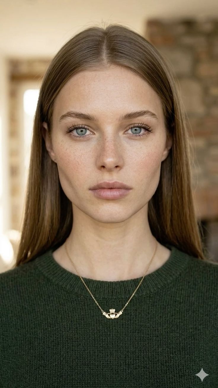 Woman with long hair and blue eyes wearing a green sweater and gold necklace