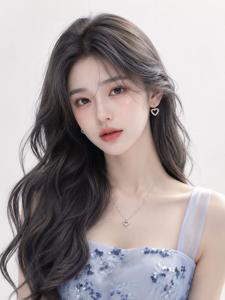 Woman with long dark hair wearing a blue dress and heart-shaped jewelry