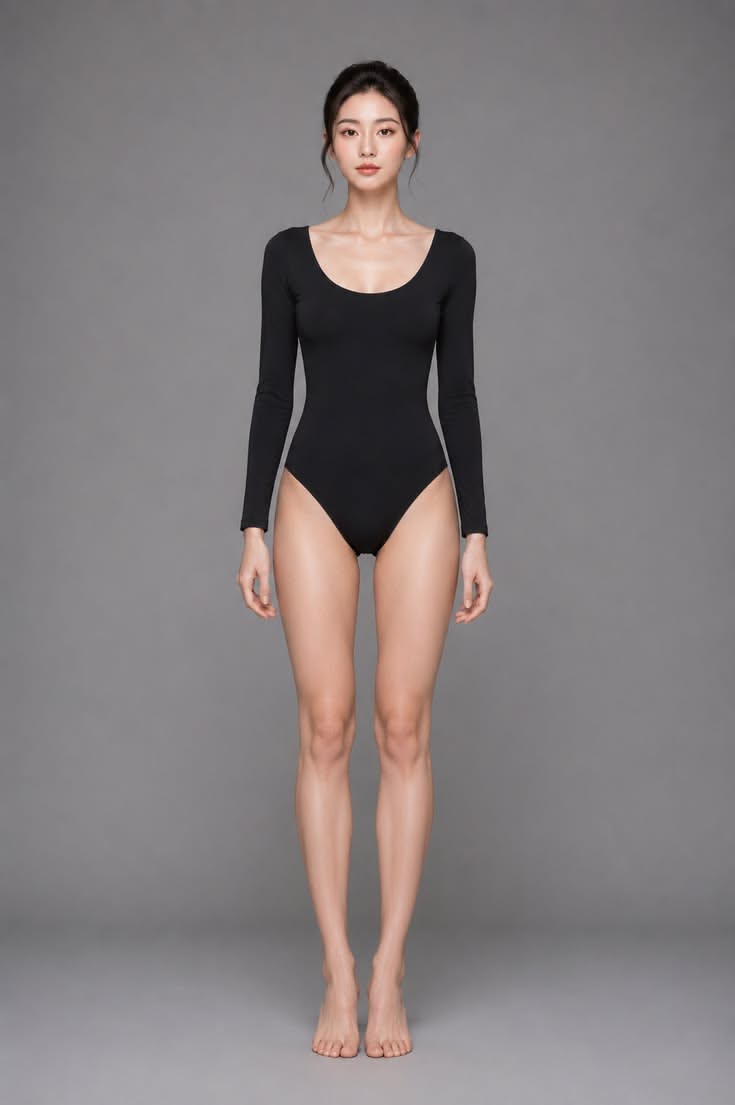 Woman in a black long-sleeved bodysuit standing against a gray background