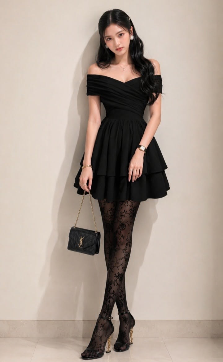 Woman in a black off-shoulder dress and lace tights holding a small bag