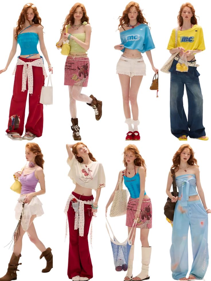 Multiple women with red hair modeling various casual outfits on a white background