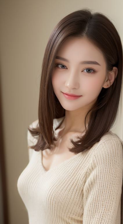 Woman with brown medium hair wearing a light v-neck sweater with soft lighting