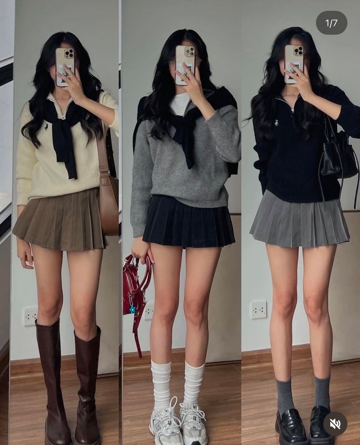 Three full body shots of a woman in different sweater and pleated skirt outfits