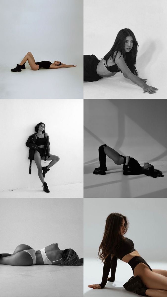 Multiple women in various poses in a black and white studio setting