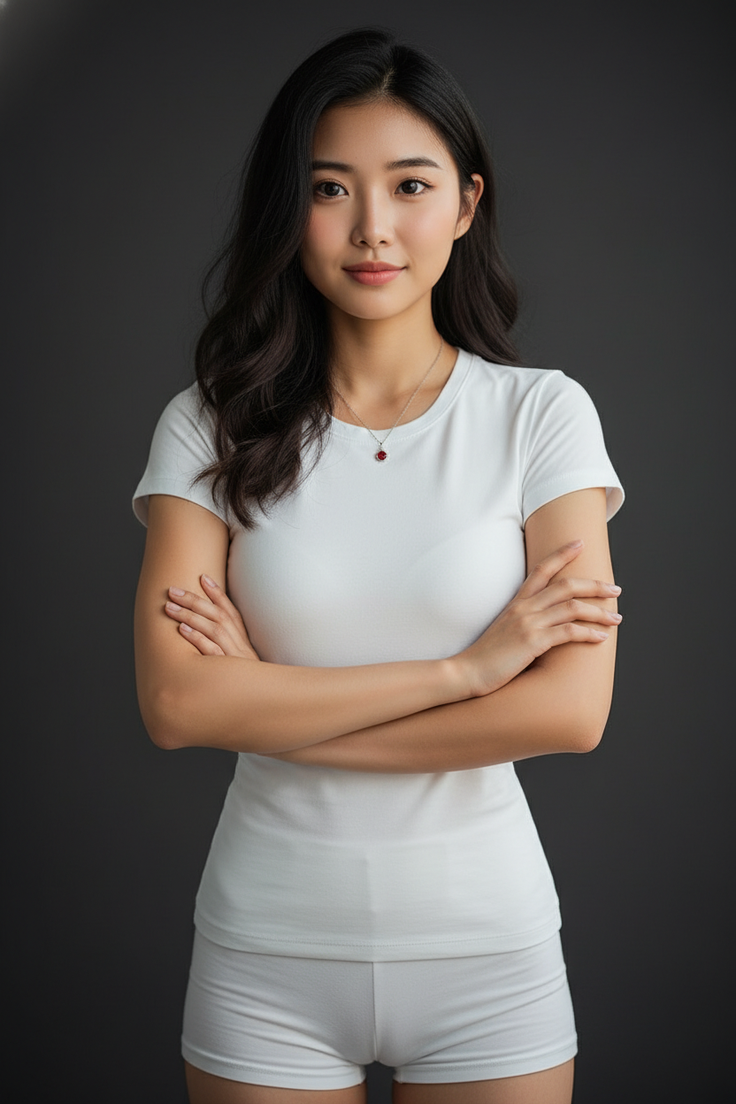 Woman in a white t-shirt and shorts with crossed arms against a dark background