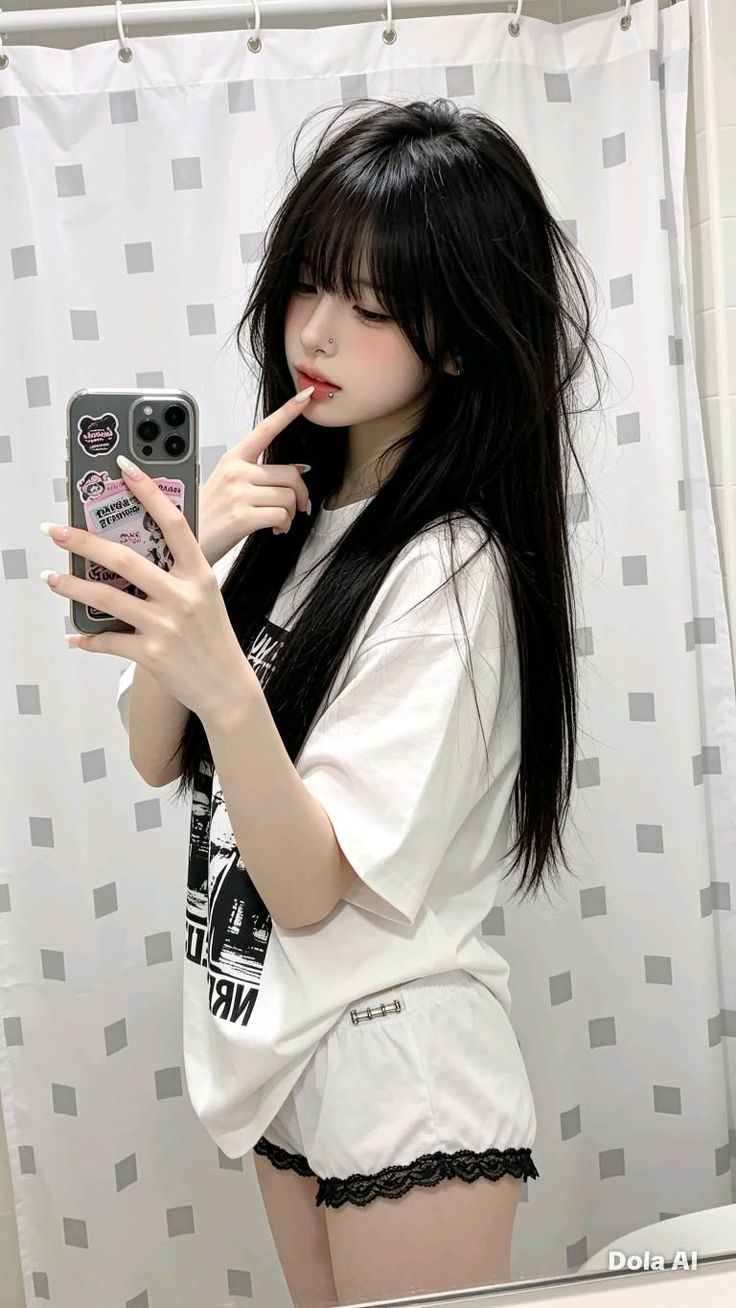Woman with long black hair and piercings taking a selfie in a bathroom