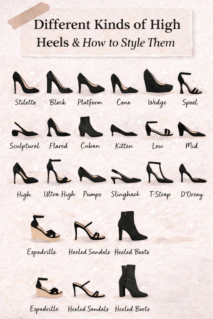 Illustration of different kinds of high heels with their names and styling tips