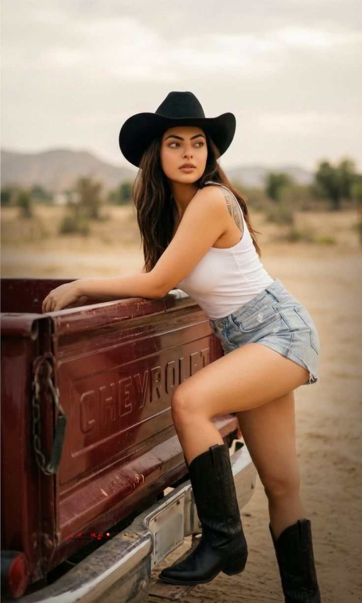 Woman in a cowboy hat and denim shorts leaning on a red truck in a desert landscape