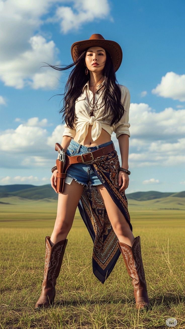 Woman in cowboy attire with a tied shirt and denim shorts in a grassy field