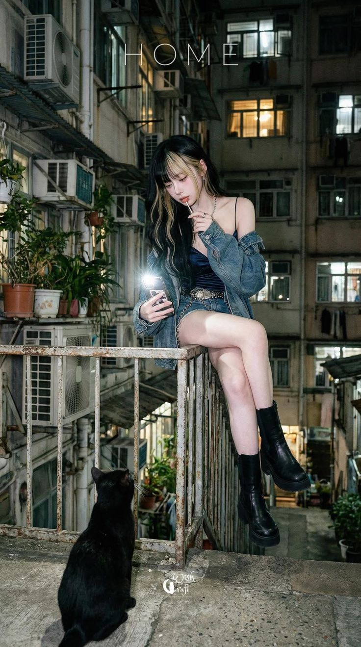 Woman with a black cat on a rooftop at night in a cityscape