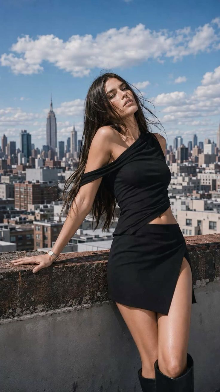 Woman in a black top and mini skirt posing on a rooftop with a cityscape background