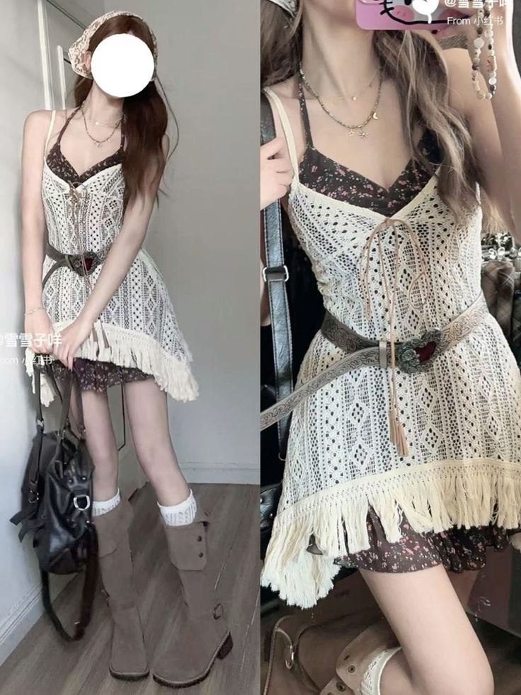 Woman in a crochet dress and brown boots with a head scarf and layered jewelry