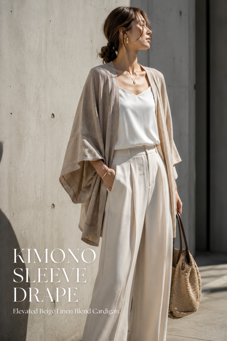 Woman in a beige kimono sleeve cardigan and wide leg pants holding a straw bag
