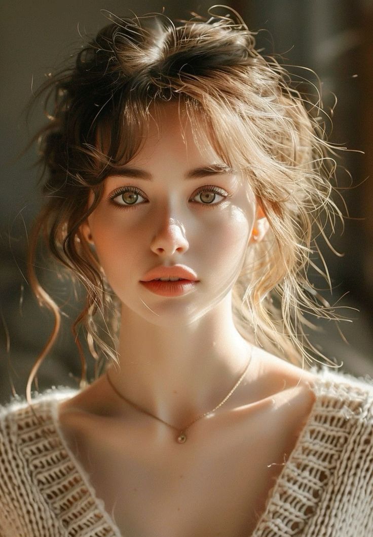 Woman with light brown hair in a messy bun and a gold necklace