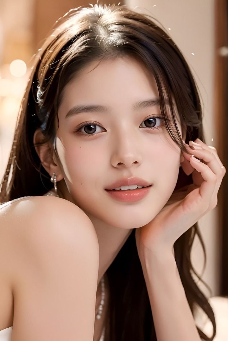Woman with long dark hair and exposed shoulders, looking at the viewer