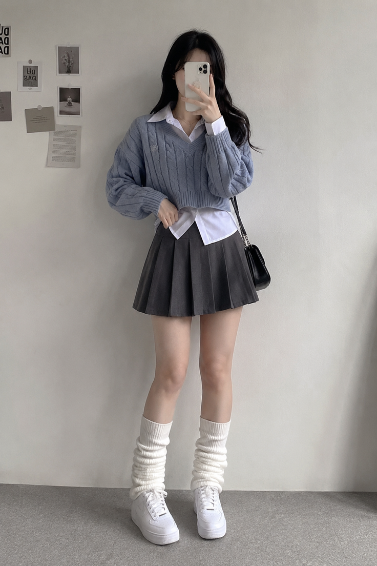 Woman in a school uniform with a cropped sweater and leg warmers indoors