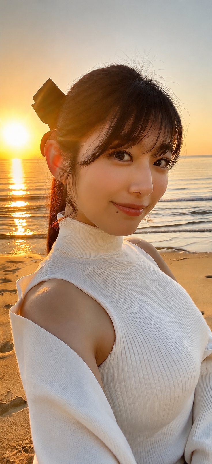 Woman in a white top on a beach at sunset with warm lighting